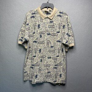 Cape Isle Knitters Mens Nautical Print Polo Shirt L Beige Blue Sailing Theme